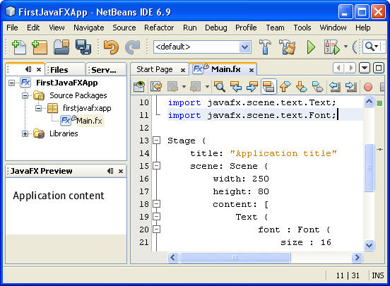 Descripción: FirstJavaFXApp Project Opened in Projects Window and <code>Main.fx</code> File  in the Source Editor.