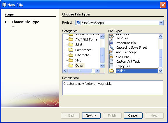 Descripción: New File dialog with Folder item under File Types selected.