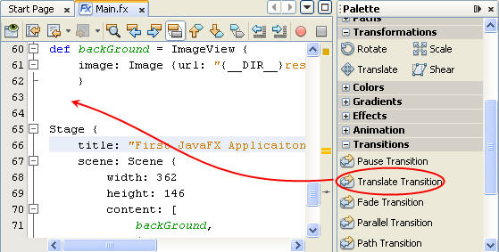 Descripción: Translate Transition element to drag to Source Editor before the Stage object